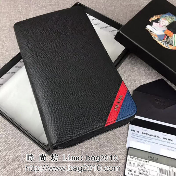 PRADA普拉達 專櫃最新款式 頂級原單十字紋牛皮 男士大號單拉鏈錢包 2ML188 DD1318